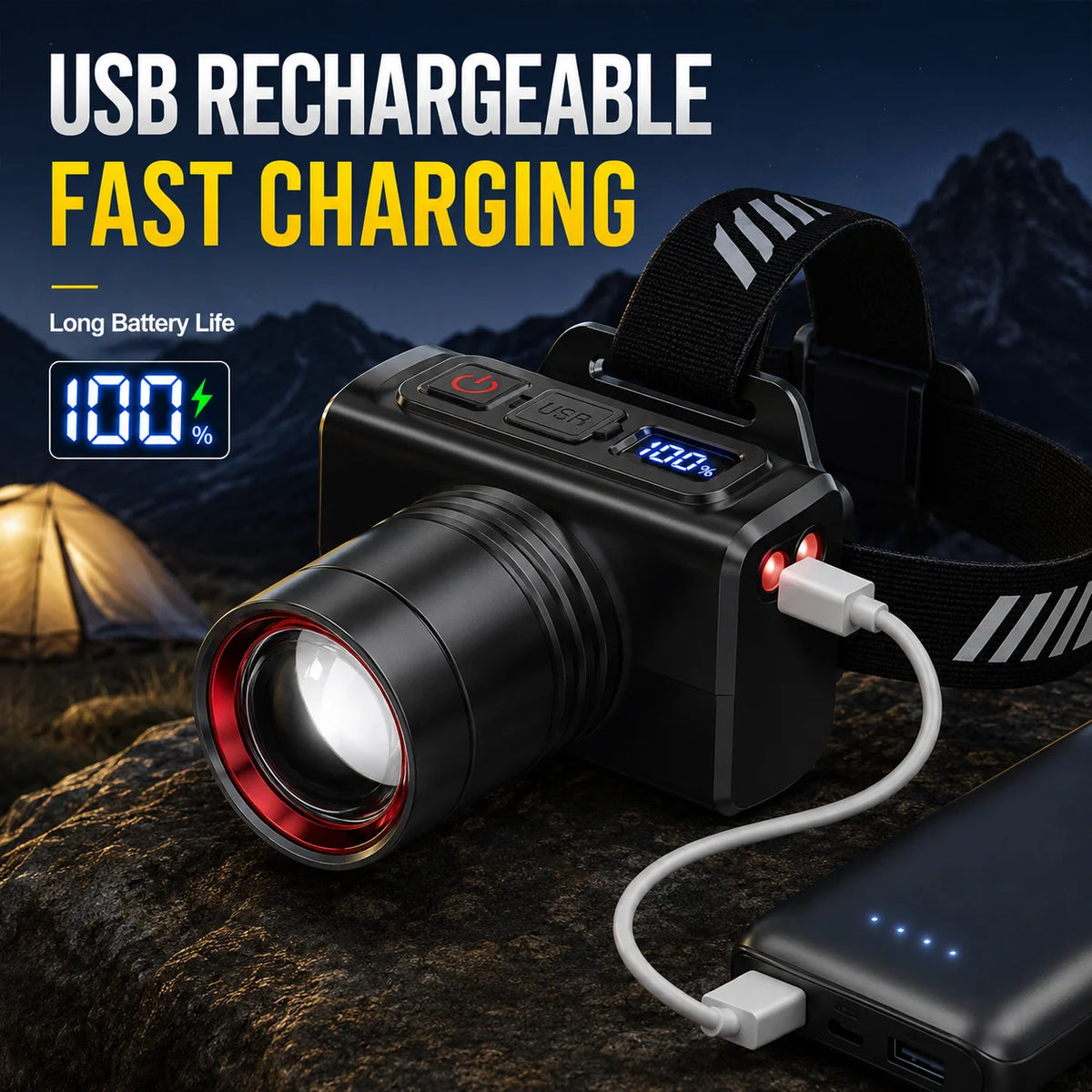 LED Rechargeable Headlamp Adjustable Zoom Waterproof Ultra Bright Headlight USB Head Torch for Camping Hiking Fishing Repair SOS