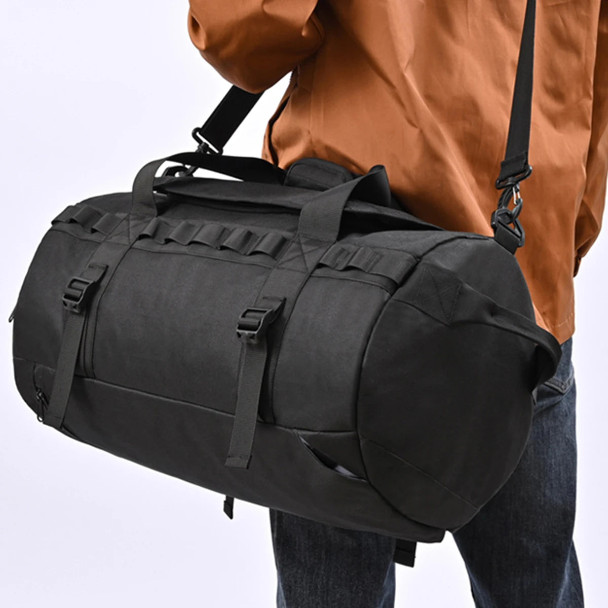 Stylish unisex travel bag carried on shoulder strap