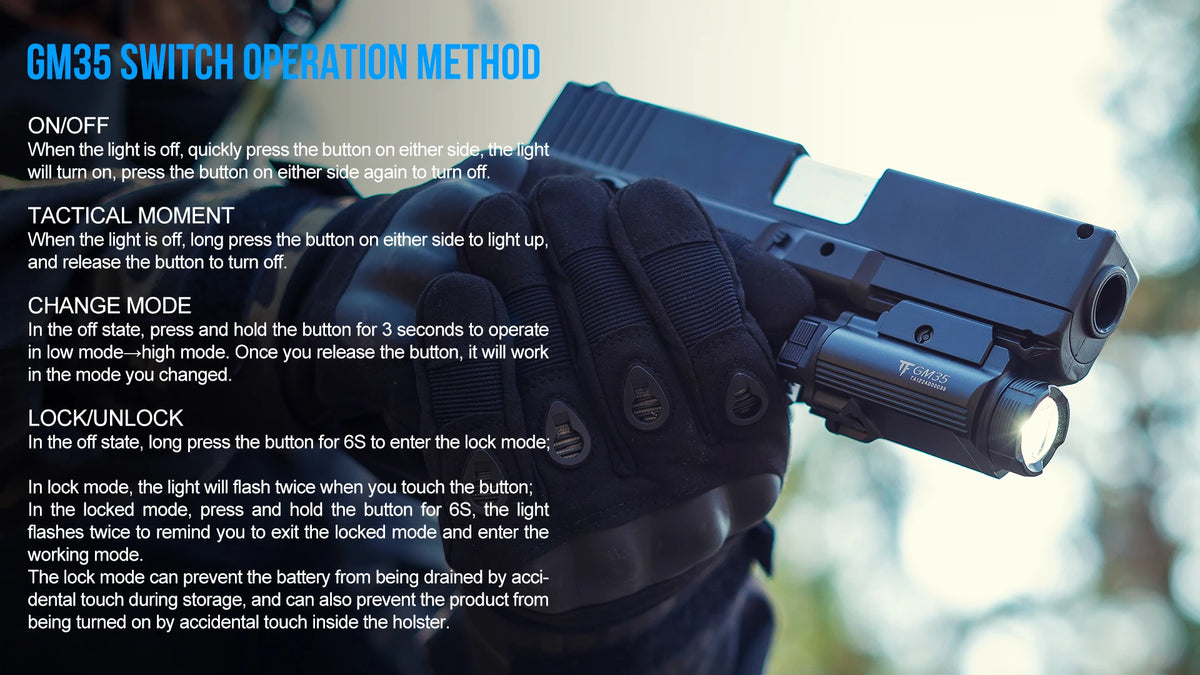 Trustfire GM35 Tactical LED Flashlights Mini Pistol Lights 1350Lumens USB Rechargeable Quick Release Handgun 1913/GL Rail