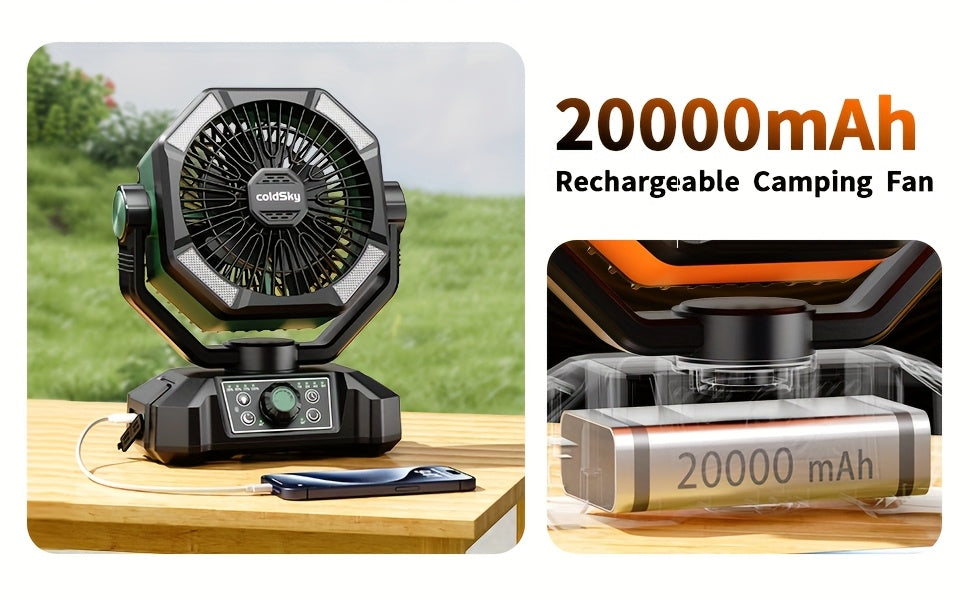 20000mAh Battery Powered Camping Fan - Dual Motor, 8-Speed Remote Control & 4 LED Lanterns, Portable Outdoor Fan with Tent Hook for Camping, Blackouts, Construction Sites