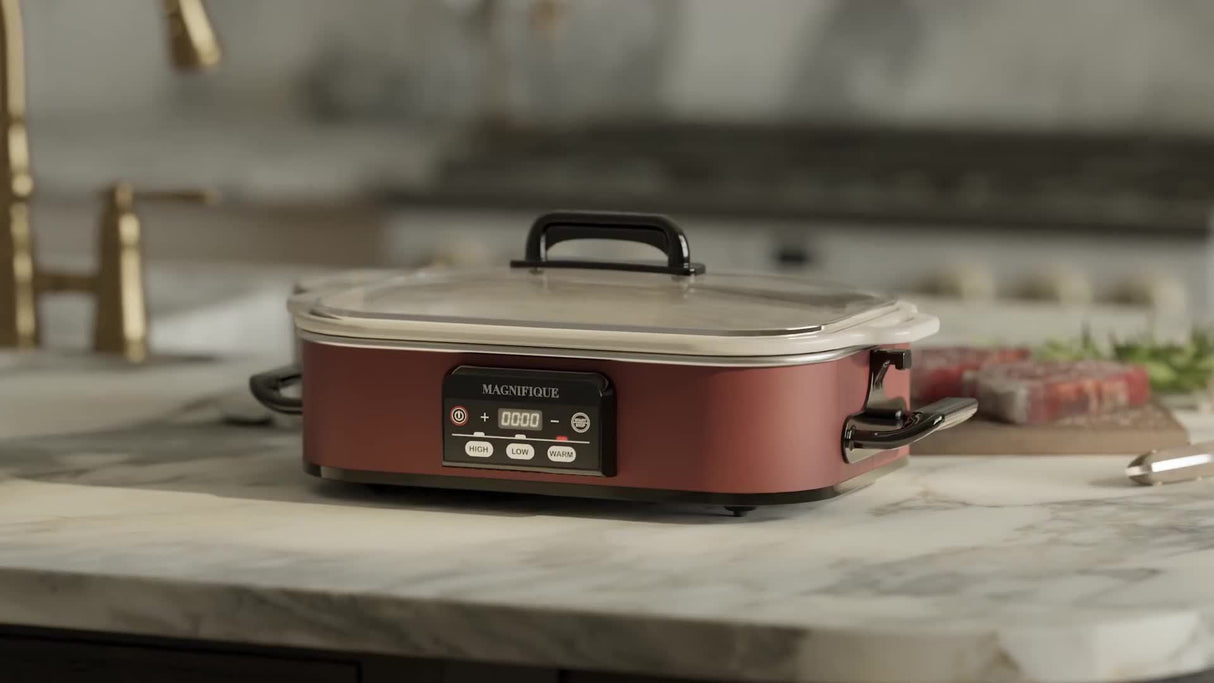 MAGNIFIQUE Compact 4 Quart Slow Cooker and Oven - Programmable Slow Cooker with Ceramic baking dish, with Dial Knob & Keep-Warm, Energy-Efficient 260W, Space-Saving Design for Small Kitchens, Lasagna, Roasts, Stovetop-to-Oven