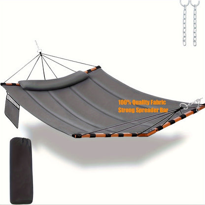 Deluxe 12ft 2-Person Beige Hammock with V-Shaped Hardwood Spreader Bar & Durable Nylon Rope - 450LB Capacity, Quick-Dry Fabric for Patio, Garden, Backyard, Beach & Poolside Relaxation, Hammocks for Outside