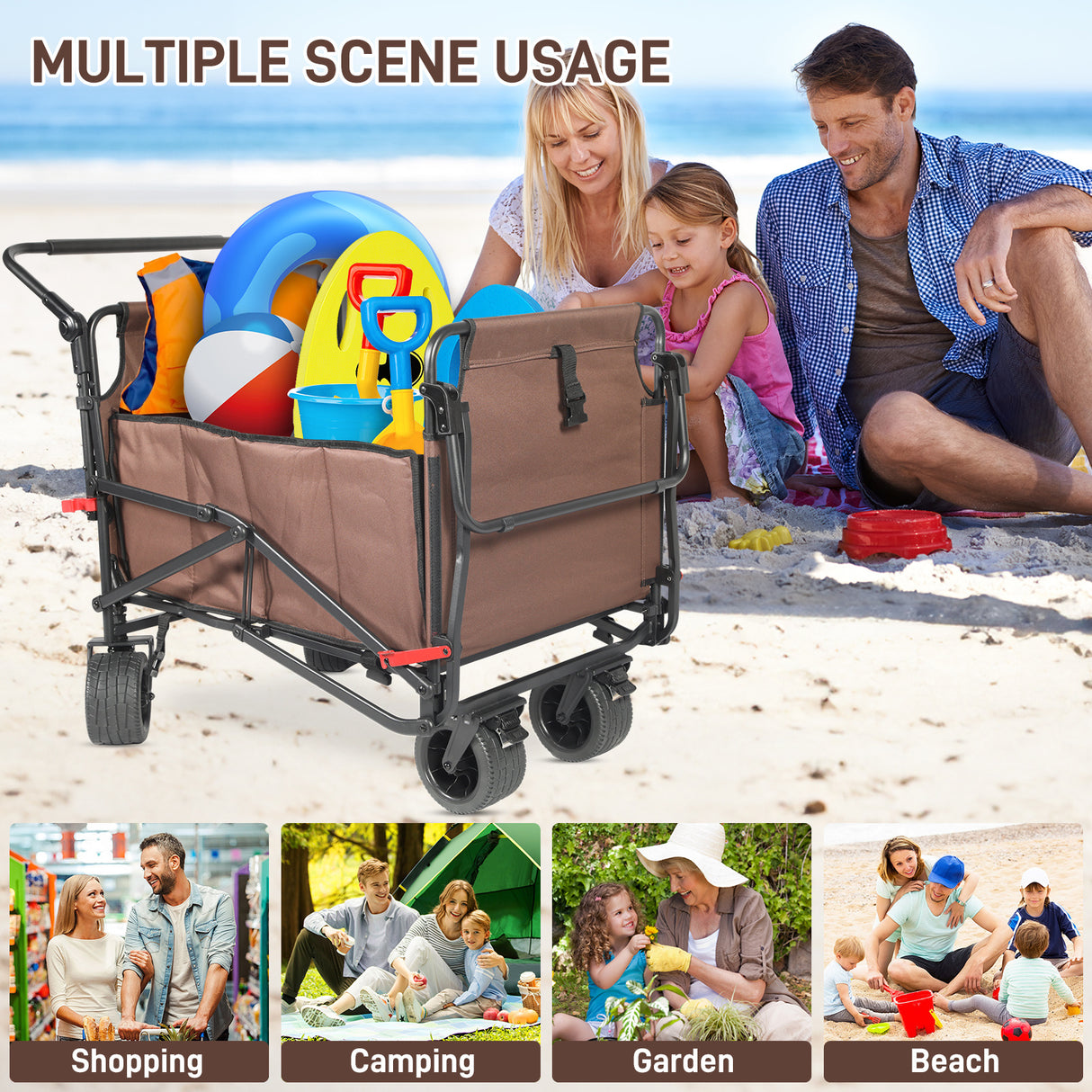 Collapsible Folding Wagon Cart, Convertible beach chair, Large Capacity Camping Wagon, Can hold up to 400 lbs, All Terrain Foldable Wagon, Heavy Duty Utility Wagon Cart For Grocery Outdoor Beach Gardening Shopping Fishing