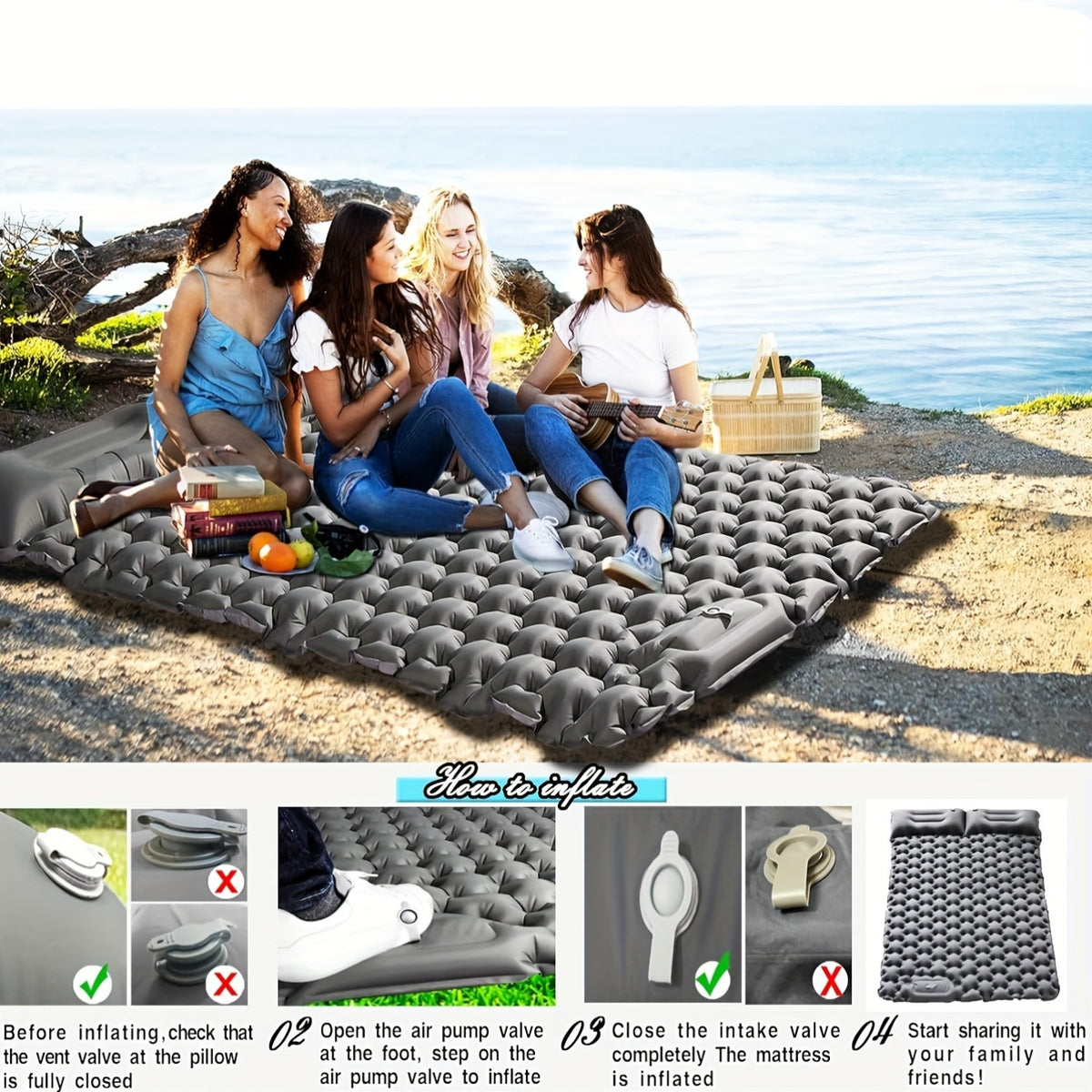 Portable 2-Person Waterproof TPU Coated Camping Air Mattress - Inflatable Bed with Built-in Pump, Compact Sleeping Pad, Carry Bag, and Repair Kit for Outdoor Camping, Hiking, Backpacking