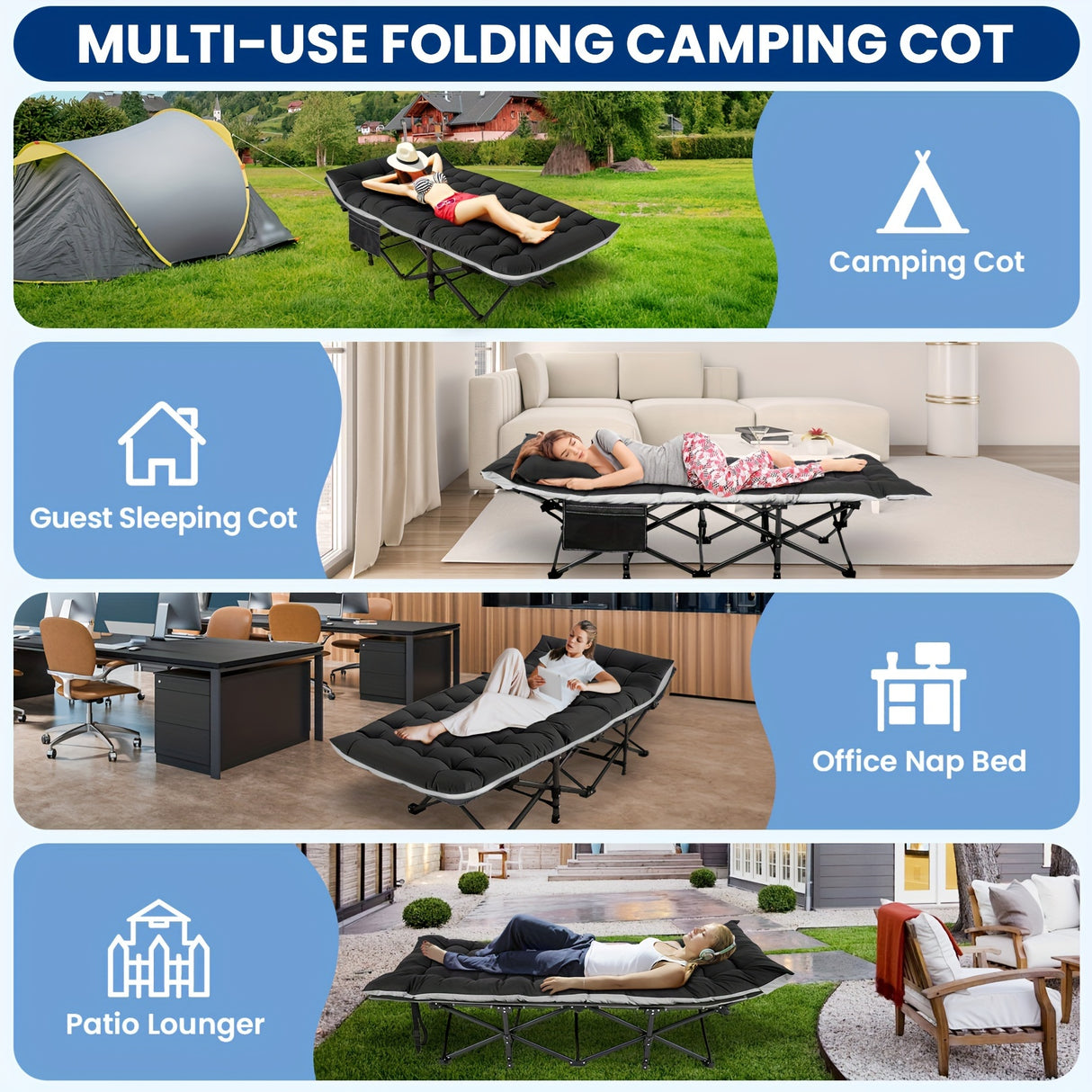 Camping Sleeping Cots with cotton-padded/Velvet Mattress, 900lbs Double Layer Oxford Portable Folding Cots for Garden, Camping, Hiking, Outdoor, Home, Office, Lightweight, Stable, Durable
