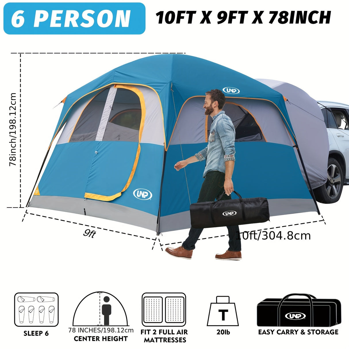 UNP SUV Tent For Camping, 6-person Car Camping Tent, SUV Tailgate Tent For Outdoor, Easy Set Up Tent With Rainfly 10'x9'x78in (H)