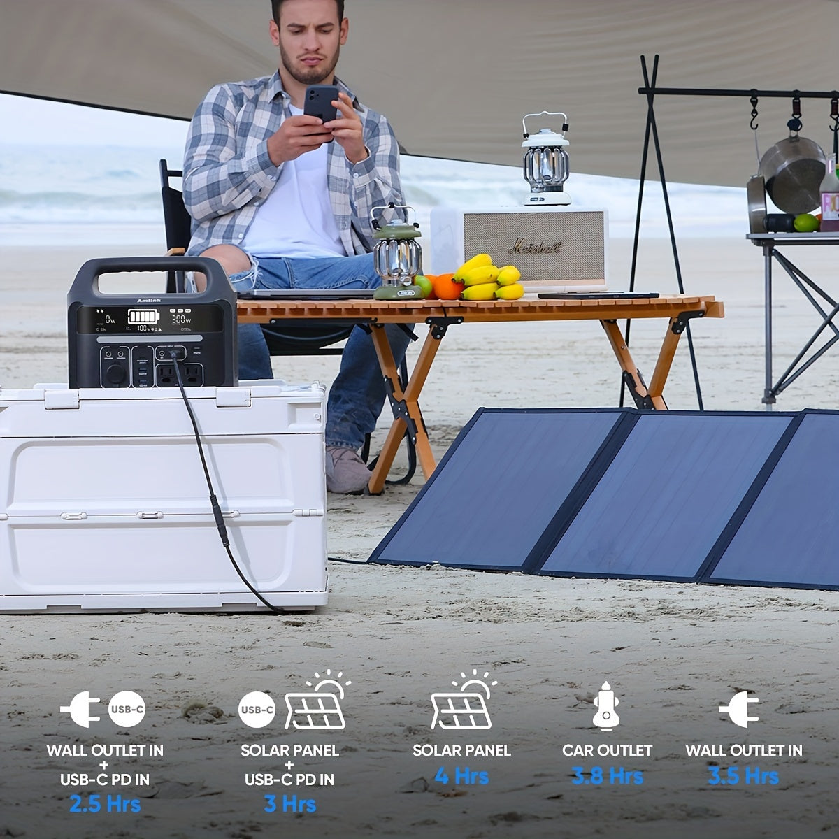 Portable Power Station for Camping 300W 299Wh LiFePO4 Battery Powered power bank, 2 Up to 300W AC Outlets 100W USB C and PD Total 8 Output Ports, Home Battery Backup for Outdoor 93600mAh with LED Light