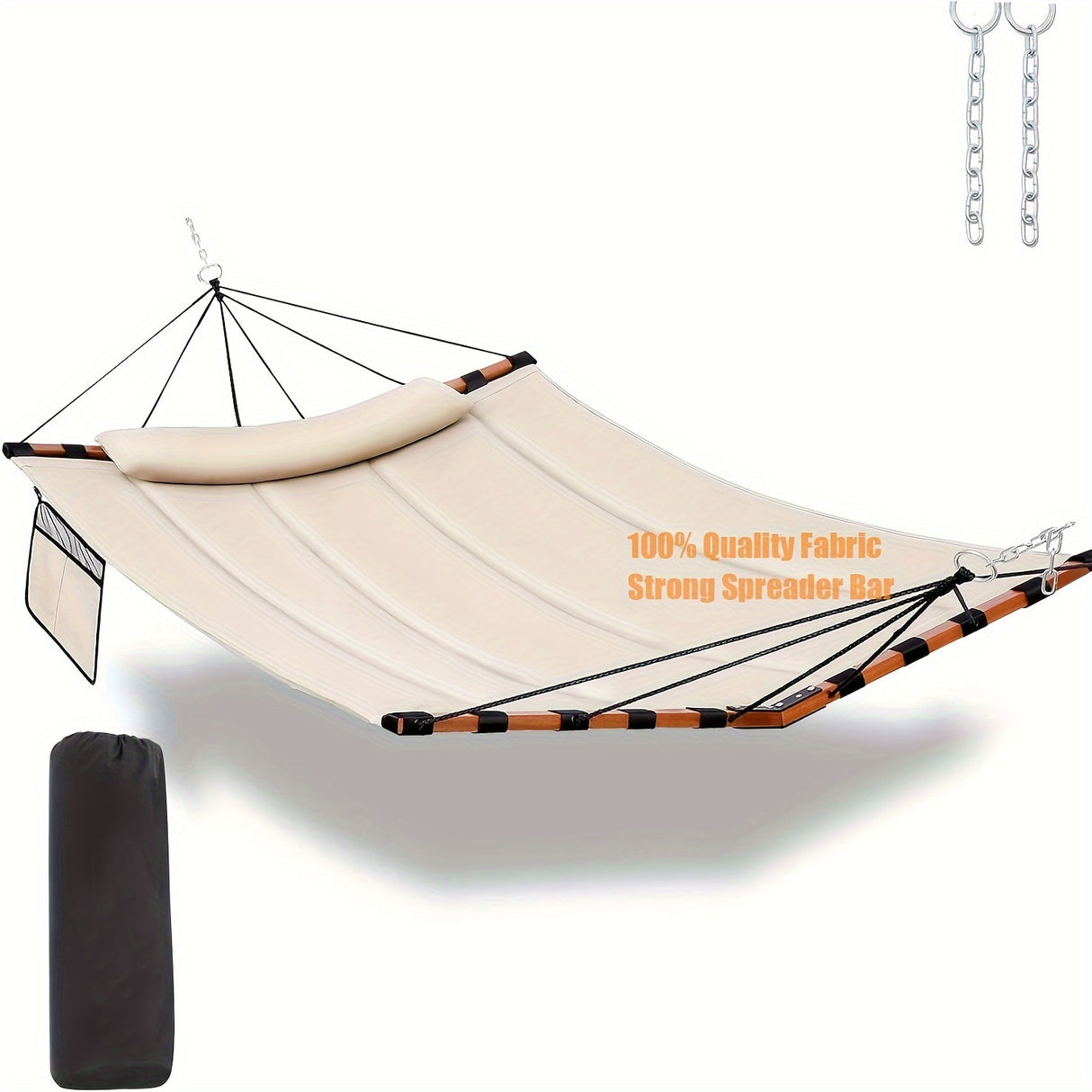 Deluxe 12ft 2-Person Beige Hammock with V-Shaped Hardwood Spreader Bar & Durable Nylon Rope - 450LB Capacity, Quick-Dry Fabric for Patio, Garden, Backyard, Beach & Poolside Relaxation, Hammocks for Outside