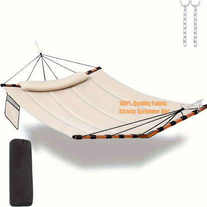 Deluxe 12ft 2-Person Beige Hammock with V-Shaped Hardwood Spreader Bar & Durable Nylon Rope - 450LB Capacity, Quick-Dry Fabric for Patio, Garden, Backyard, Beach & Poolside Relaxation, Hammocks for Outside