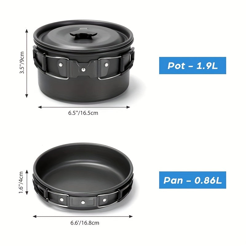 Kettle set pot 2-3 people camping pot and pan outdoor camping cookware portable combination pot set camping tableware, easy to carry and occupy little space, cooking pot, frying pan, kettle, two sets of knives and forks, fold