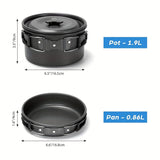 Kettle set pot 2-3 people camping pot and pan outdoor camping cookware portable combination pot set camping tableware, easy to carry and occupy little space, cooking pot, frying pan, kettle, two sets of knives and forks, fold