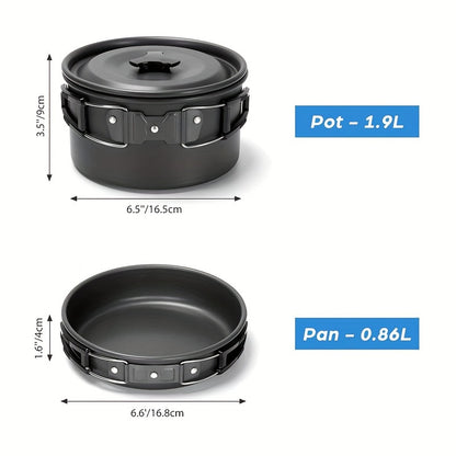 Kettle set pot 2-3 people camping pot and pan outdoor camping cookware portable combination pot set camping tableware, easy to carry and occupy little space, cooking pot, frying pan, kettle, two sets of knives and forks, fold