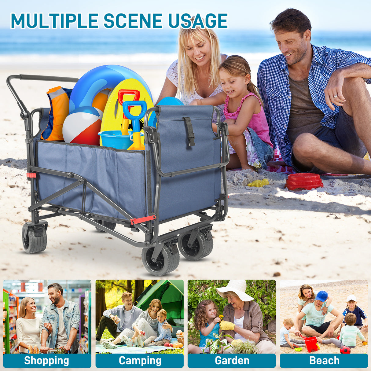 Collapsible Folding Wagon Cart, Convertible beach chair, Large Capacity Camping Wagon, Can hold up to 400 lbs, All Terrain Foldable Wagon, Heavy Duty Utility Wagon Cart For Grocery Outdoor Beach Gardening Shopping Fishing
