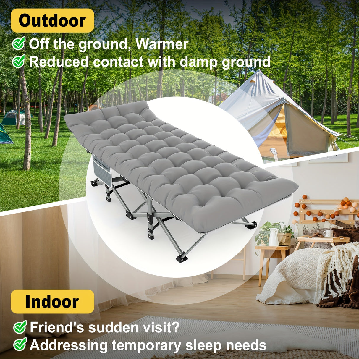 Folding Camping Cot Bed For Adults Sleeping 1200D Double Layer Oxford Portable Folding Outdoor Cots For Camping W/Soft Pad Carry Bag, Portable Travel Camp Cot Bed, Heavy Duty, For Patio, Courtyard, Lawn, And Garden, Ideal As