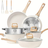 12 POTS and pans Set Non-stick Cookware Set, Cookware non-stick Granite cooking Set, including frying pan, pan, steamer, silicone spatula and tongs (black)