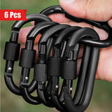 6 Pcs D-Shaped Spring Hook Carabiners with Screw Gate, Black Aluminum Alloy Buckles for Outdoor Activities: Climbing, Camping, Hiking, Fishing, Keychain Hooks, 42 x 80mm