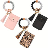 3pcs Silicone Beaded Bracelet Card Holder, Leopard Print PU Tassel Wallet Keychain, Camping Bag Accessories