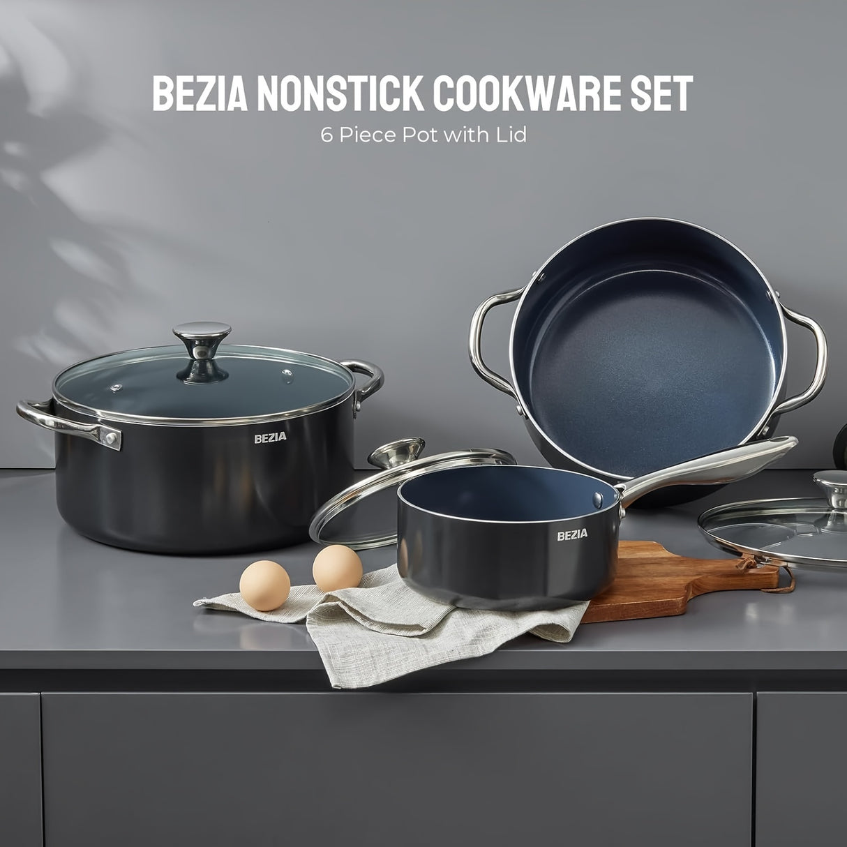 6pcs Induction Cookware, Pots and Pans Set with Non-Stick Ceramic Coating, Dishwasher Safe & Oven Safe, Compatible with All Stoves, Black