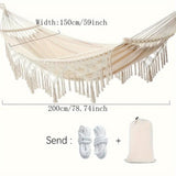 Tassel Hammock, Double Boho Hammocks with Fringe, Portable Camping Indoor Outdoor Garden Hammock Swing with Travel Bag, Max 500lbs Load Capacity for Outdoor, Garden, Patio, Wedding Decor White