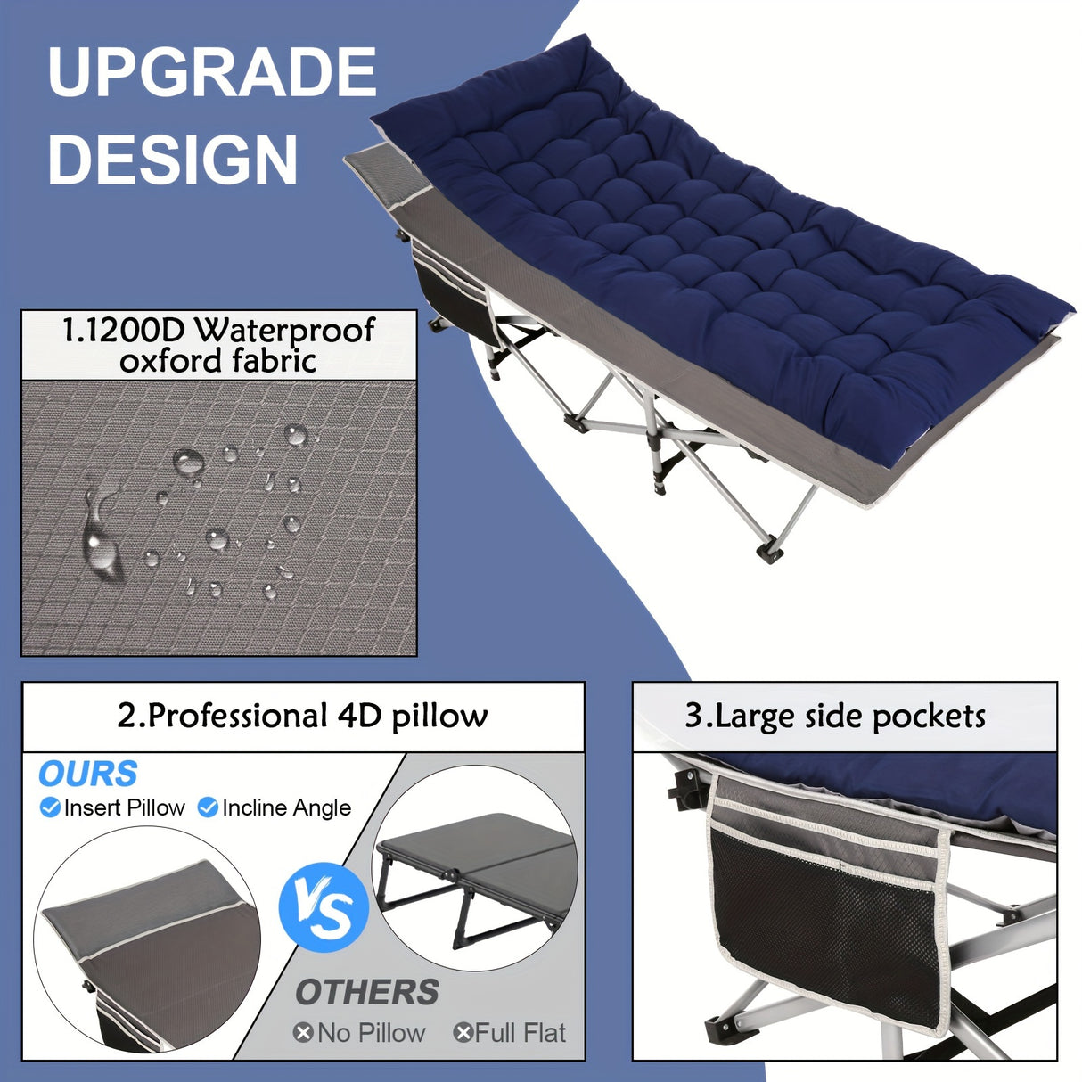 Camping Sleeping Cots with cotton-padded/Velvet Mattress, 900lbs Double Layer Oxford Portable Folding Cots for Garden, Camping, Hiking, Outdoor, Home, Office, Lightweight, Stable, Durable