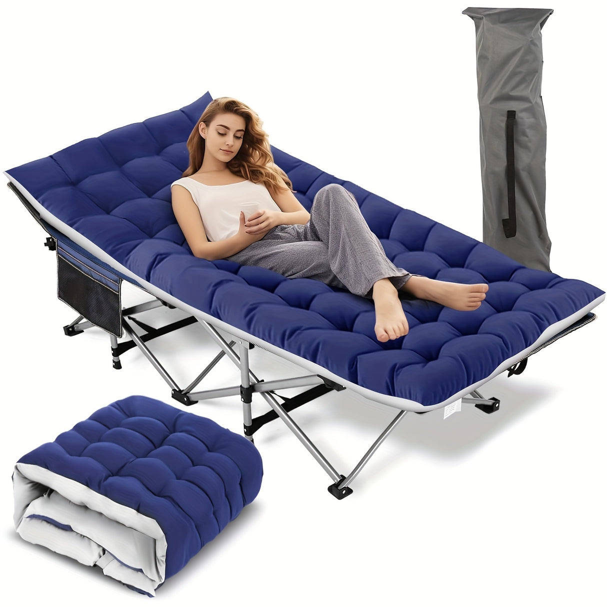 Camping Cots for Adults with Mattress, Chaise Lounges Folding Outdoor Camping Travel Cot with Pad 900LBS(Max Load), Lightweight, Stable, Durable Folding Bed with Carrying Bag