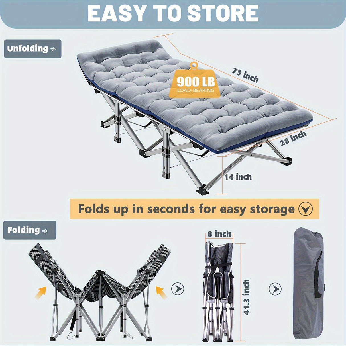 LILYPELLE Folding Camping Cot Bed With 2-Side Mattress, Heavy Duty Sleeping Cot Bed With Carry Bag, Portable Travel Camp Cots For Home, Double Layer Oxford, For Office Nap And Outdoor Beach