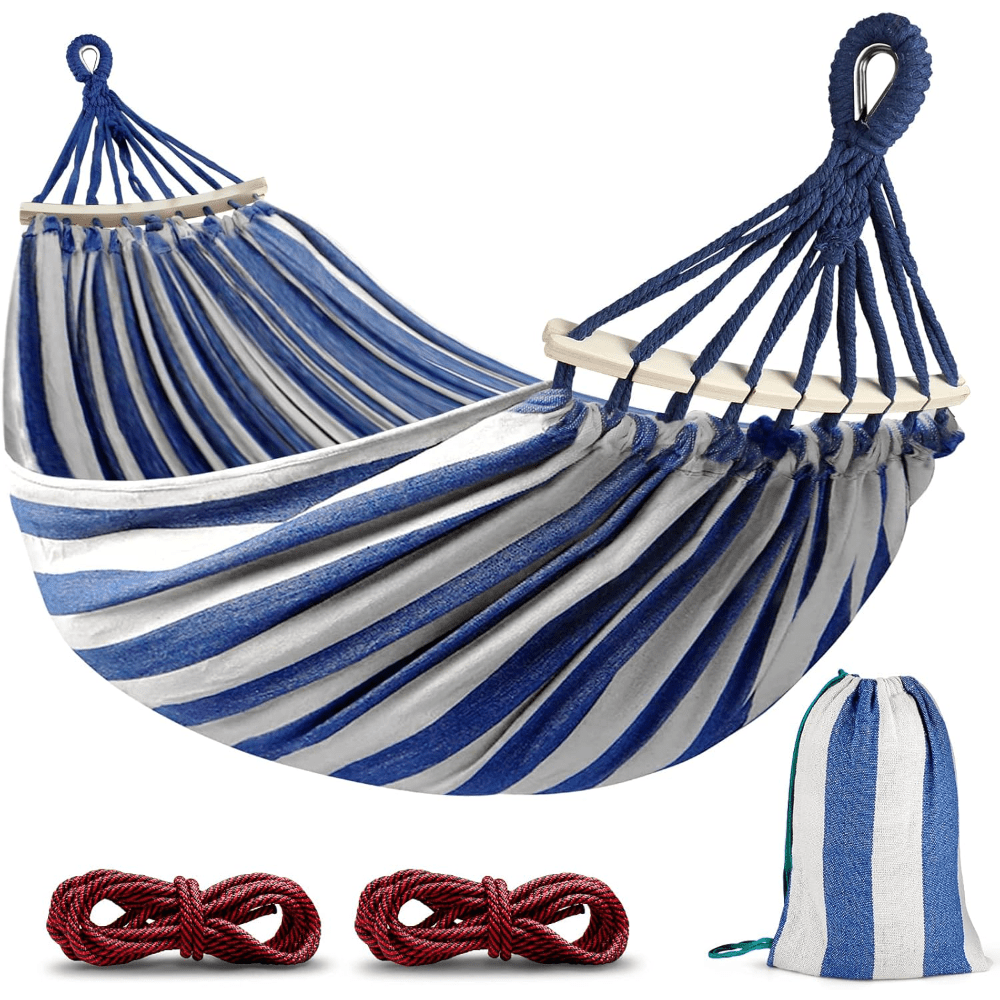 2-Person Anti-Flip Camping Hammock with Striped Design - Spacious Double Hammock with Quick-Setup Straps & Durable 100% Polyester Fabric for Couples, Friends - Perfect for Backyard, Beach, Hiking & Outdoor Adventures, Beach H