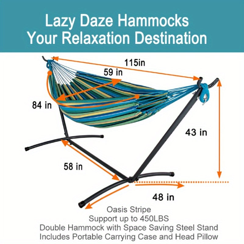 Heavy-Duty 450lb Capacity Double Hammock with Space-Saving Steel Stand - 84"x59" Outdoor/Indoor Durable Canvas & Weather-Resistant Powder Coated Steel Frame, Foldable Design w/Carrying Case & Head Pillow for Camping, Patio, G