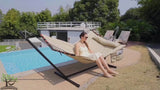 Deluxe 12ft 2-Person Beige Hammock with V-Shaped Hardwood Spreader Bar & Durable Nylon Rope - 450LB Capacity, Quick-Dry Fabric for Patio, Garden, Backyard, Beach & Poolside Relaxation, Hammocks for Outside