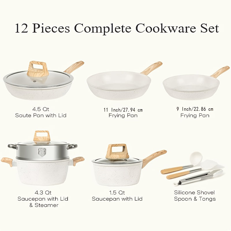 12 POTS and pans Set Non-stick Cookware Set, Cookware non-stick Granite cooking Set, including frying pan, pan, steamer, silicone spatula and tongs (black)