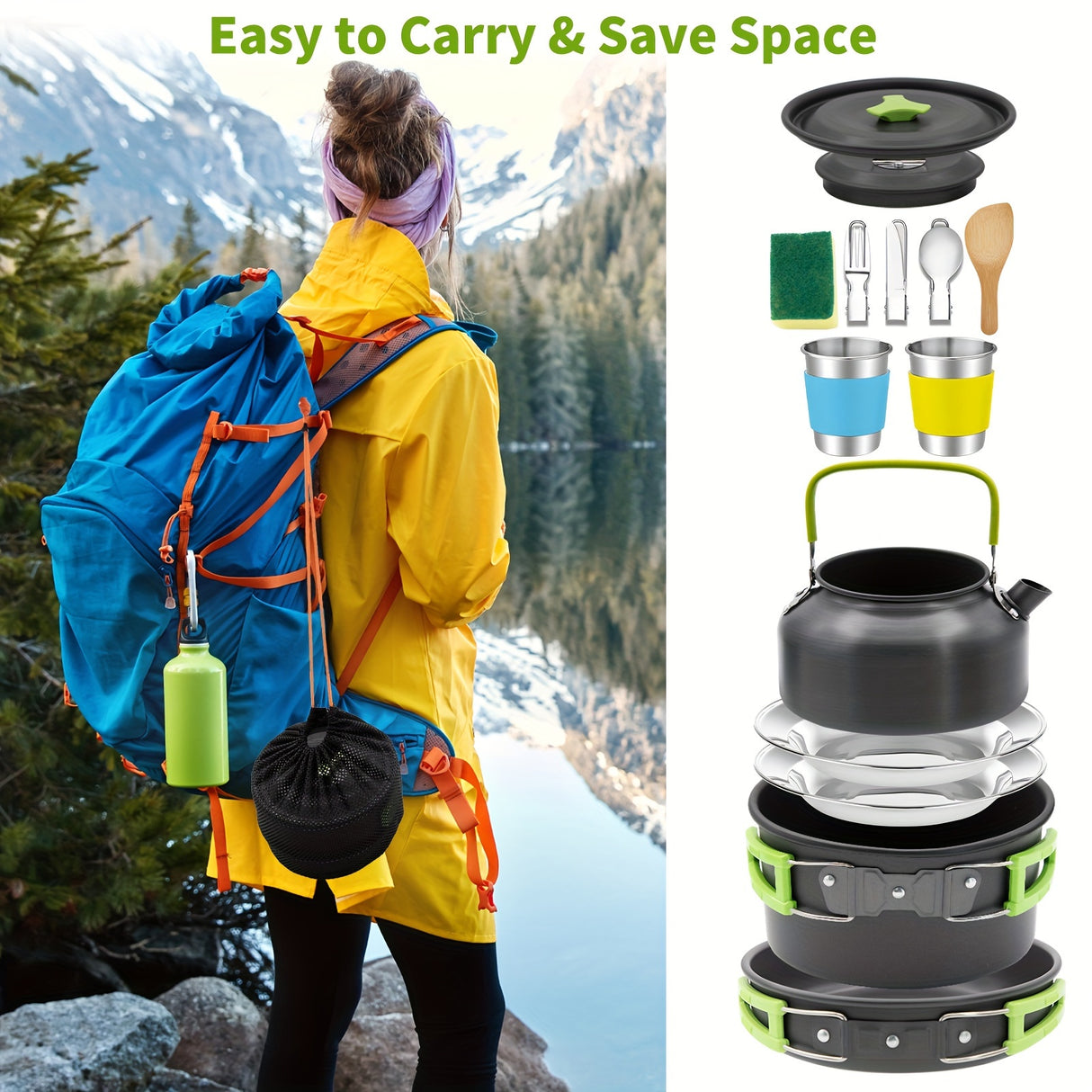16pcs Camping Cookware, Backpacking Compact Camping Cooking Set Camping Pot with Cups Plates Forks Knives Spoons, Camping Pots and Pans Set for Backpacking, Outdoor Cooking