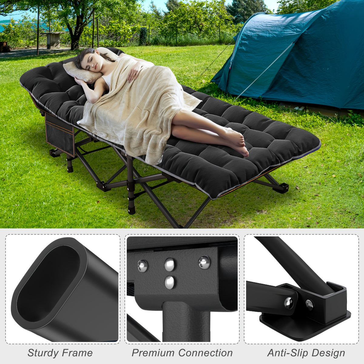 LILYPELLE Oversized XL Folding Camping Cot, Heavy Duty Sleeping Cots with Carry Bag, Double Layer Oxford Portable Travel Camp Cots for Home, Office Nap and Outdoor Beach