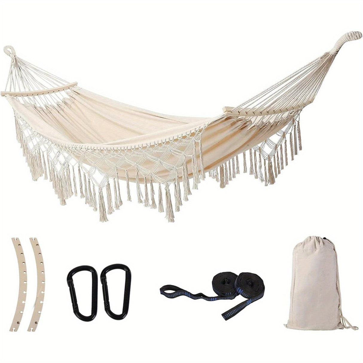 Tassel Hammock, Double Boho Hammocks with Fringe, Portable Camping Indoor Outdoor Garden Hammock Swing with Travel Bag, Max 500lbs Load Capacity for Outdoor, Garden, Patio, Wedding Decor White