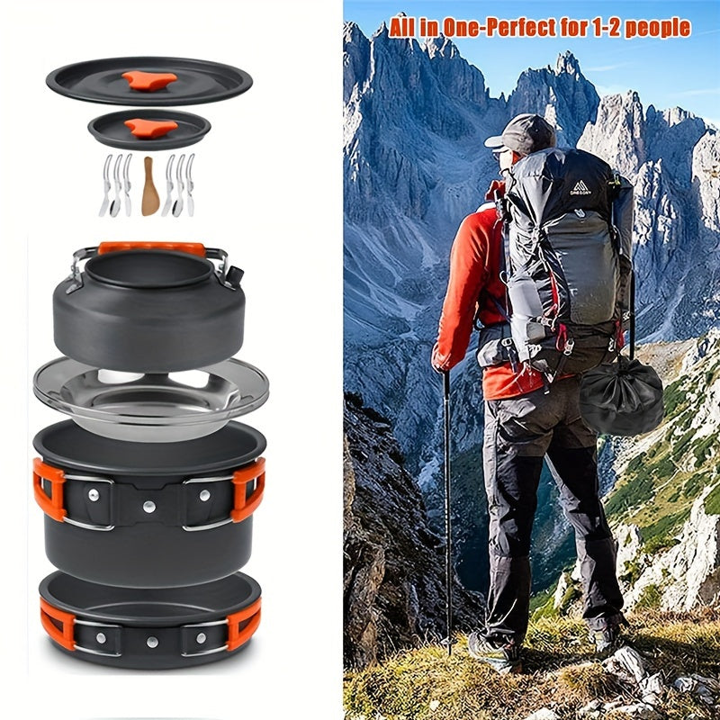 Kettle set pot 2-3 people camping pot and pan outdoor camping cookware portable combination pot set camping tableware, easy to carry and occupy little space, cooking pot, frying pan, kettle, two sets of knives and forks, fold