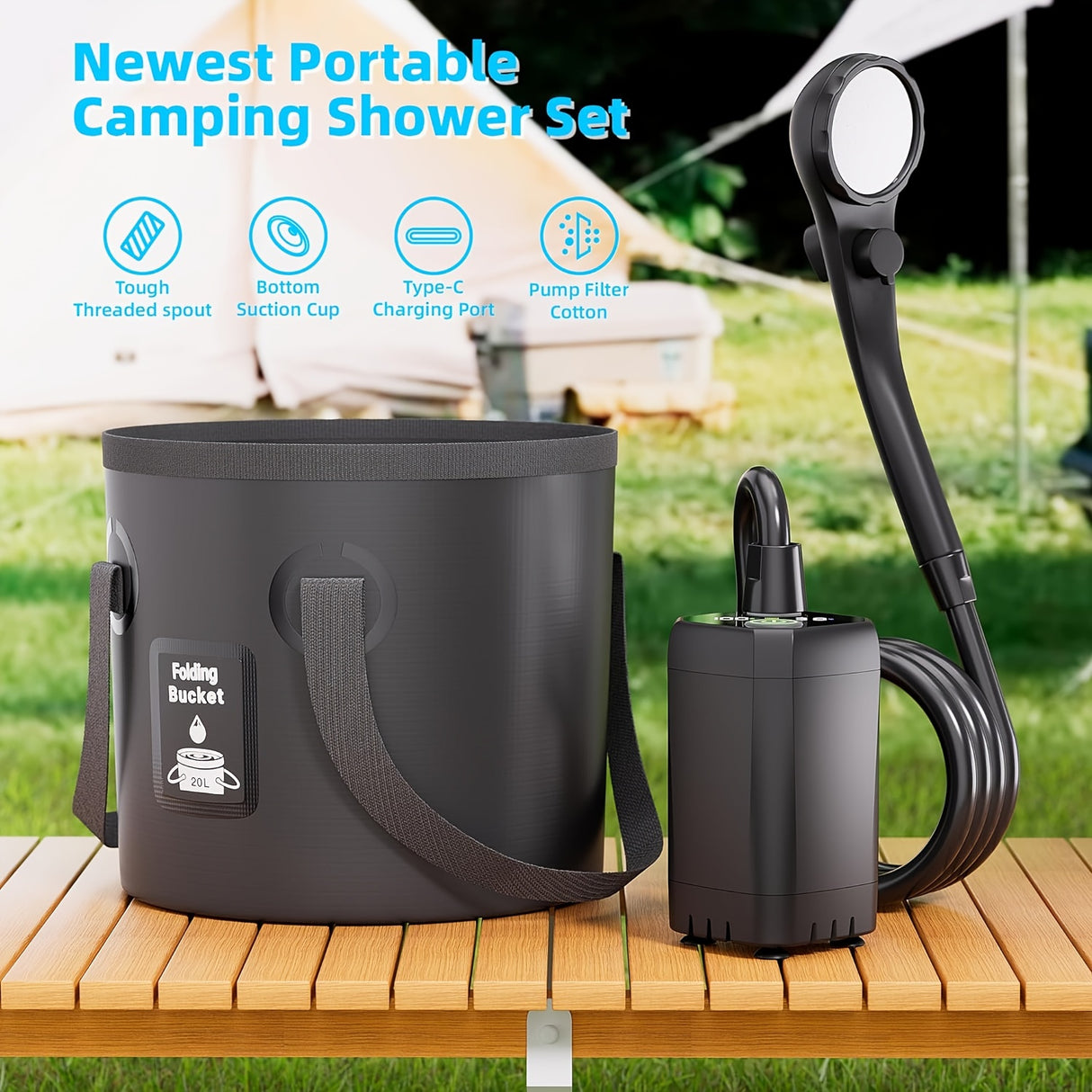 [Portable Shower] 6000mAh Portable Camping Shower | 5 Gallon Foldable Bucket & Filtered Shower Head - Battery/USB Powered Outdoor Shower for Hiking, Beach, Travel, Pet Bath, Car Washing, Surf & Boat Cleaning, Highquality Comp