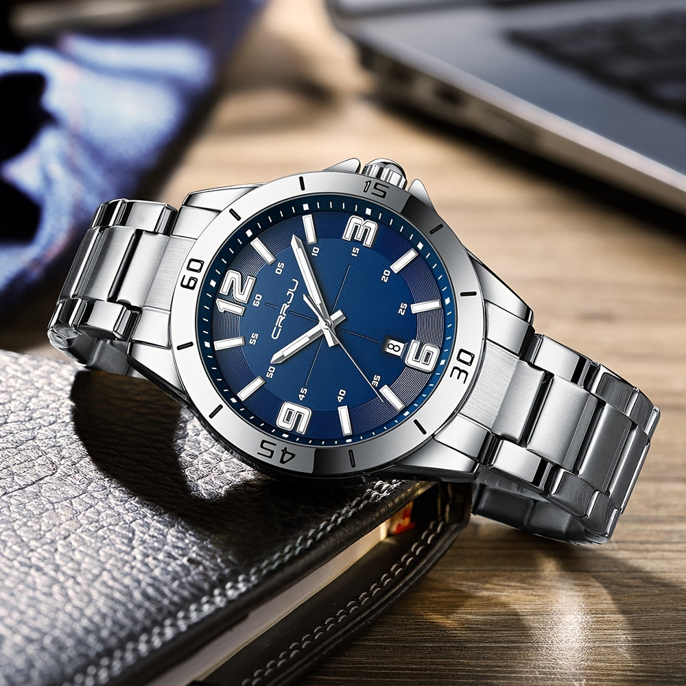 CRRJU Brand Men Watches Business Quartz Watch Men's Stainless Steel Band 1181.1inch Waterproof Date Wristwatches, Ideal choice for Gifts