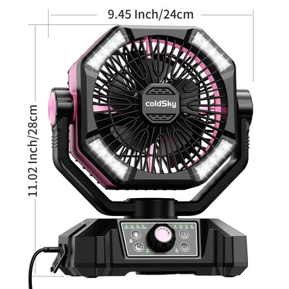 20000mAh Battery Powered Camping Fan - Dual Motor, 8-Speed Remote Control & 4 LED Lanterns, Portable Outdoor Fan with Tent Hook for Camping, Blackouts, Construction Sites
