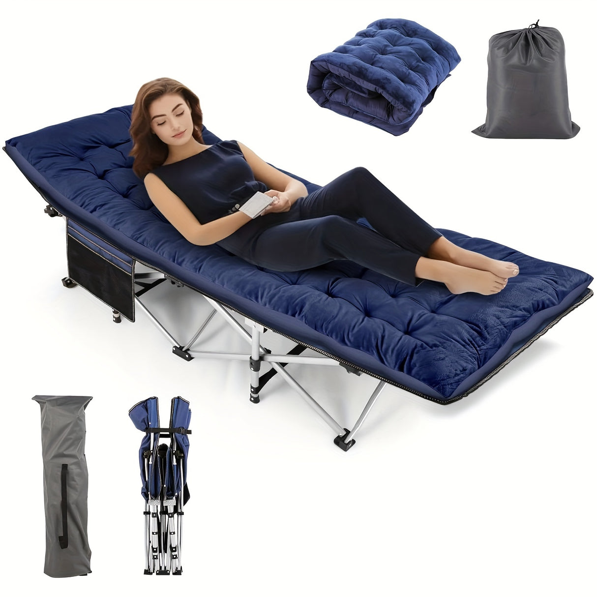Camping Cots for Adults with Mattress, Chaise Lounges Folding Outdoor Camping Travel Cot with Pad 900LBS(Max Load), Lightweight, Stable, Durable Folding Bed with Carrying Bag