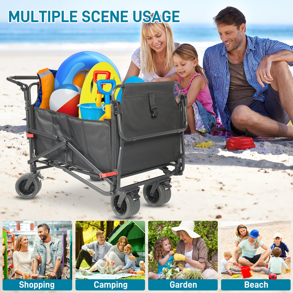 Collapsible Folding Wagon Cart, Convertible beach chair, Large Capacity Camping Wagon, Can hold up to 400 lbs, All Terrain Foldable Wagon, Heavy Duty Utility Wagon Cart For Grocery Outdoor Beach Gardening Shopping Fishing