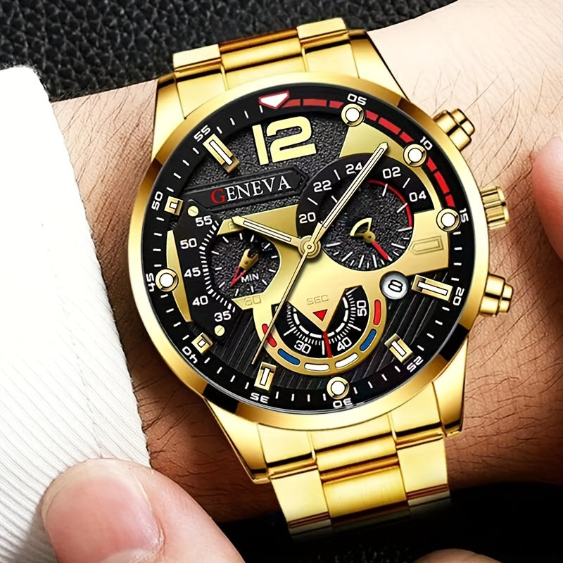 3pcs/set, Fashion Mens Business Stainless Steel Calendar Watches & Silvery Bracelet Cross Pendant Necklace