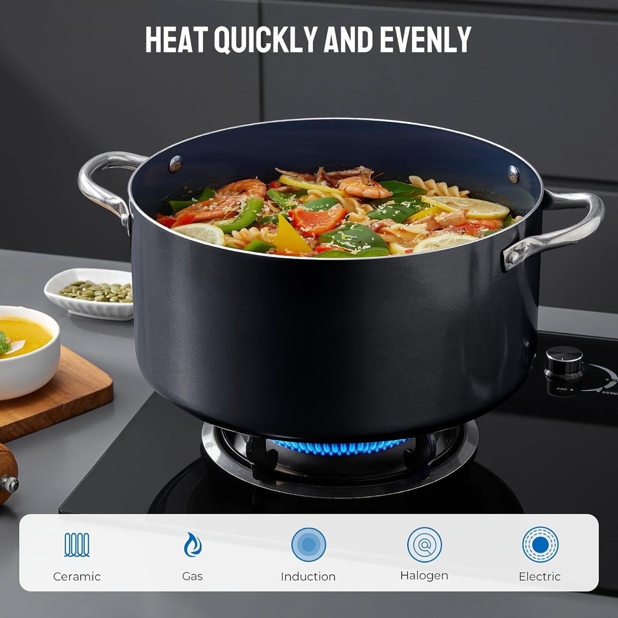 6pcs Induction Cookware, Pots and Pans Set with Non-Stick Ceramic Coating, Dishwasher Safe & Oven Safe, Compatible with All Stoves, Black