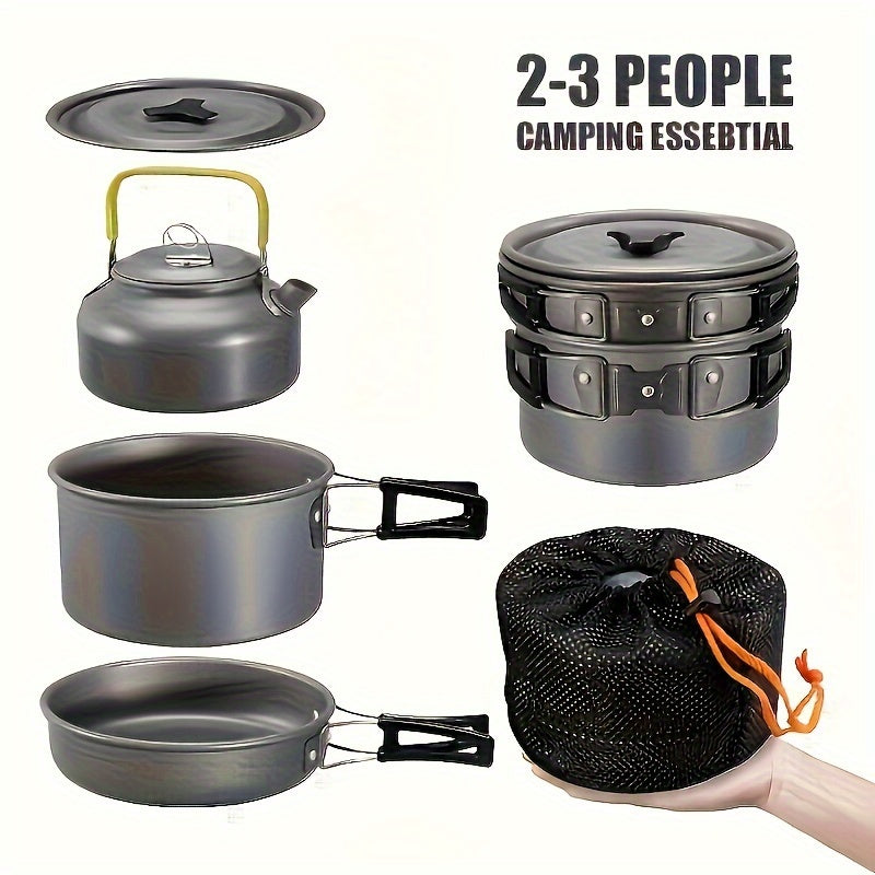 Flat Bottom Non-stick Pan, Foldable Camping Cookware Set, Portable Picnic Non-stick Pan And Lightweight Kettle Set, Mesh Storage Bag, Suitable For Outings, Hiking, Spring Outings, Family Gatherings