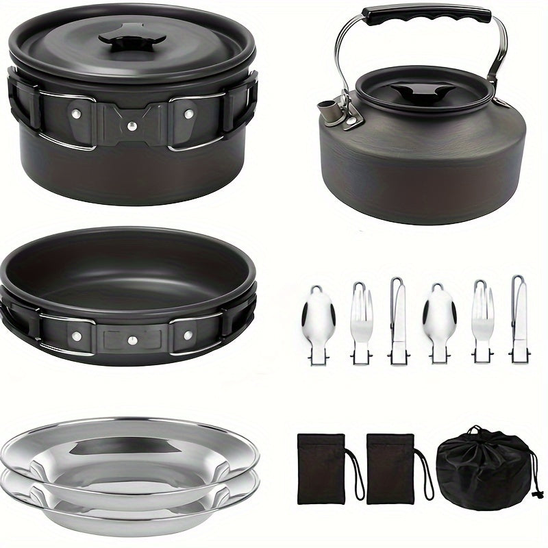 Kettle set pot 2-3 people camping pot and pan outdoor camping cookware portable combination pot set camping tableware, easy to carry and occupy little space, cooking pot, frying pan, kettle, two sets of knives and forks, fold