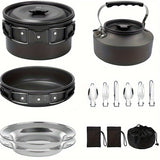 Kettle set pot 2-3 people camping pot and pan outdoor camping cookware portable combination pot set camping tableware, easy to carry and occupy little space, cooking pot, frying pan, kettle, two sets of knives and forks, fold
