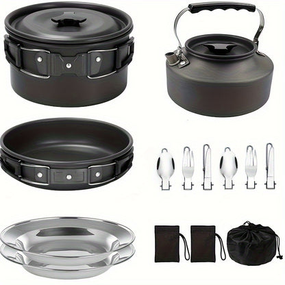 Kettle set pot 2-3 people camping pot and pan outdoor camping cookware portable combination pot set camping tableware, easy to carry and occupy little space, cooking pot, frying pan, kettle, two sets of knives and forks, fold