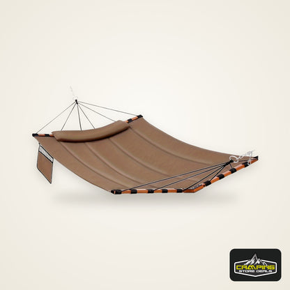 Deluxe 12ft 2-Person Beige Hammock with V-Shaped Hardwood Spreader Bar & Durable Nylon Rope - 450LB Capacity, Quick-Dry Fabric for Patio, Garden, Backyard, Beach & Poolside Relaxation, Hammocks for Outside