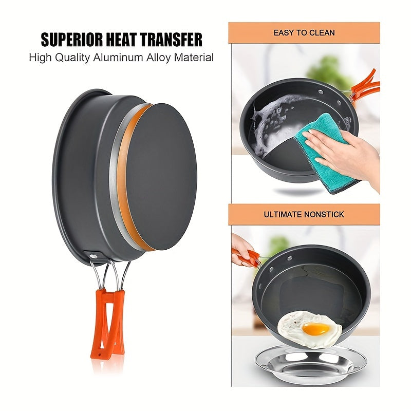 Kettle set pot 2-3 people camping pot and pan outdoor camping cookware portable combination pot set camping tableware, easy to carry and occupy little space, cooking pot, frying pan, kettle, two sets of knives and forks, fold
