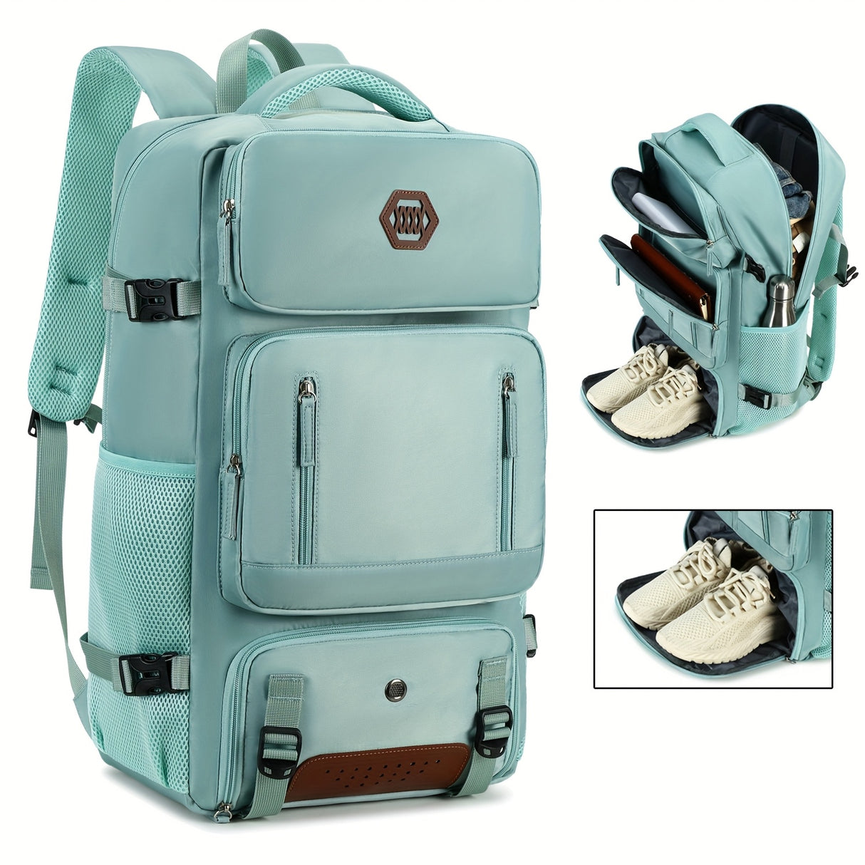 Light Blue Travel Backpack for Men and Women – Fits 17.3" Laptop, Adjustable Straps, Shoe Compartment, Breathable Mesh Back, Durable Polyester for Camping, Hiking, and Travel – Casual, Multipurpose Design