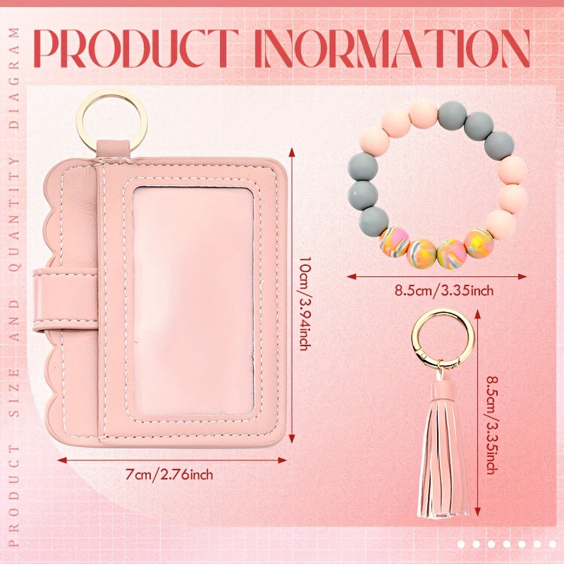 3pcs Silicone Beaded Bracelet Card Holder, Leopard Print PU Tassel Wallet Keychain, Camping Bag Accessories
