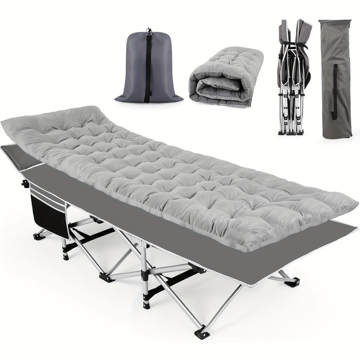 Camping Cots for Adults with Mattress, Chaise Lounges Folding Outdoor Camping Travel Cot with Pad 900LBS(Max Load), Lightweight, Stable, Durable Folding Bed with Carrying Bag